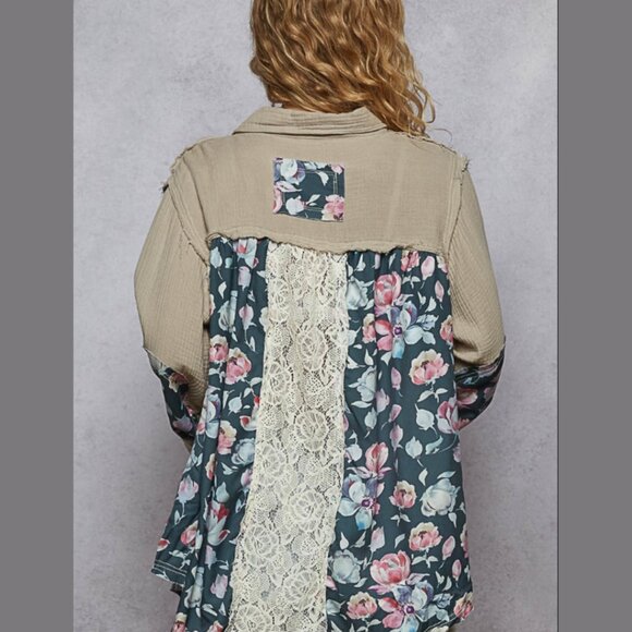 POL Boho Hippie Jacket – Double Gauze & Lace A-Line Top with Floral Ruffle - Picture 6 of 7